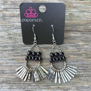 Paparazzi Boho Black Bead & Silver Dangle Fringe Feather Earrings New Western
